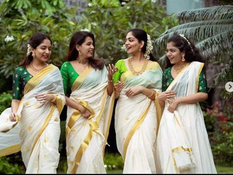 Saree Outfits, Kerala Saree Blouse, Engagement Looks, Green Blouse Designs, Onam Outfits, Onam Saree, Remix Songs, Sisters Photoshoot Poses, Saree Hairstyles