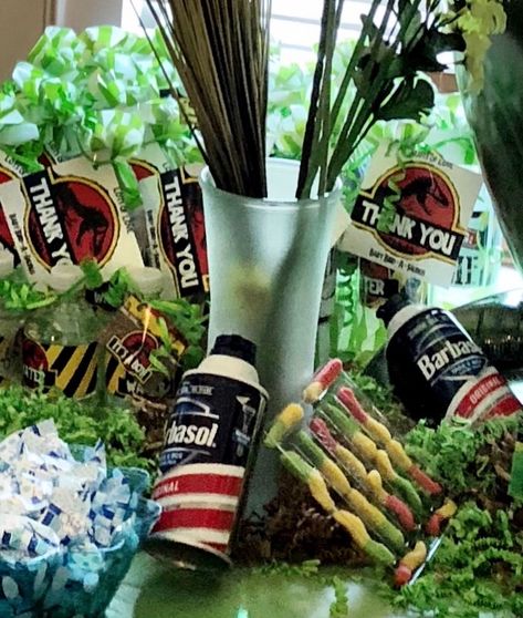 Jurassic Park Barbasol shaving cream cans and embryos... Jurassic Park Baby Shower Ideas, Jurassic Park Golf Cart Decorations, Jurassic Park Drinks, Jurassic Park Dinner, Park Baby Shower Ideas, Jurassic Park Barbasol, Jurassic Park Tumbler Cup, Barbasol Shaving Cream, Jurassic Park Coffee Mug