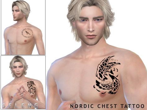 Sims 4 — Nordic Chest Tattoo by Seleng — Nordic chest tattoo for men 3 styles Hq compatible Sims 4 Cc Chest Tattoo, Sims 4 Nordic Cc, Nordic Chest Tattoo, Aesthetic Sims, Cc Skin, Viking Aesthetic, Sims 4 Tattoos, Small Chest Tattoos, Male Chest