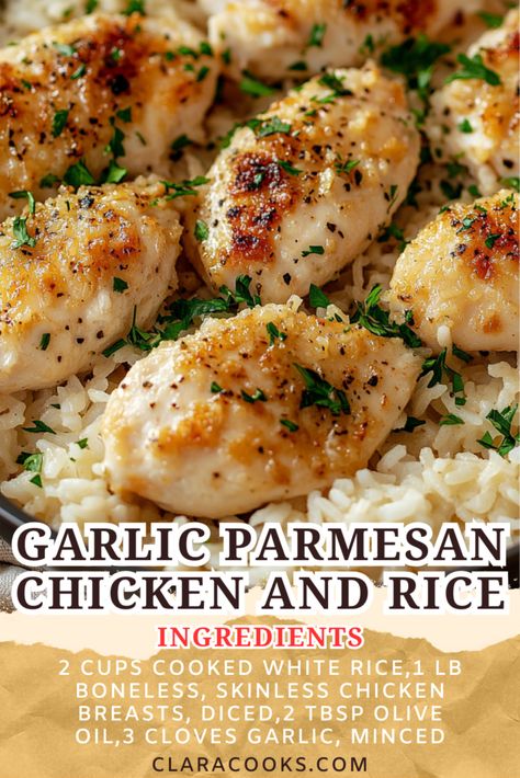 Garlic Parmesan Chicken and Rice Dinner With White Rice Meals, Chicken Parmesan Rice Recipe, Chicken And Rice Oven Recipes, Diced Chicken And Rice Recipes, Chicken Rice Dinner Ideas, Garlic Butter Chicken With Parmesan Rice, Chicken With Garlic Parmesan Rice, Easiest Chicken Recipe, Chicken And Rice Dishes For Dinner