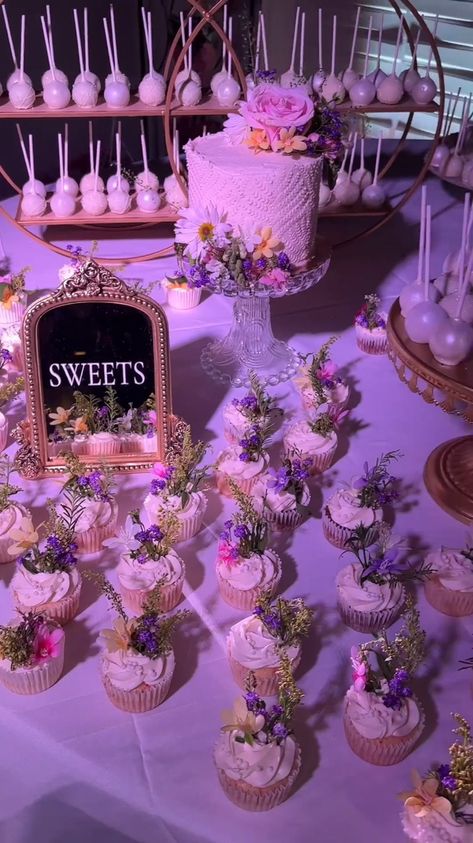 Lavender Quince Dessert Table, Quince Cakes With Flowers, 15 Dessert Table Ideas, Purple Quince Dessert Table, Quince Treats Table, Sweet 15 Party Ideas Quinceanera Dessert Tables, Enchanted Dessert Table, Snack Bar Ideas Quinceanera, Sweet Sixteen Dessert Table