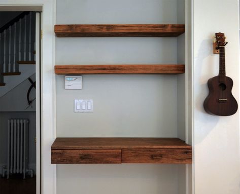 Alcove Workspace, Diy Floating Desk With Drawers, Alcove Desk And Shelves, Alcove Desks, Alcove Desk Ideas, Floating Desk And Shelves, Floating Shelves Desk, Floating Desk With Drawers, Alcove Desk