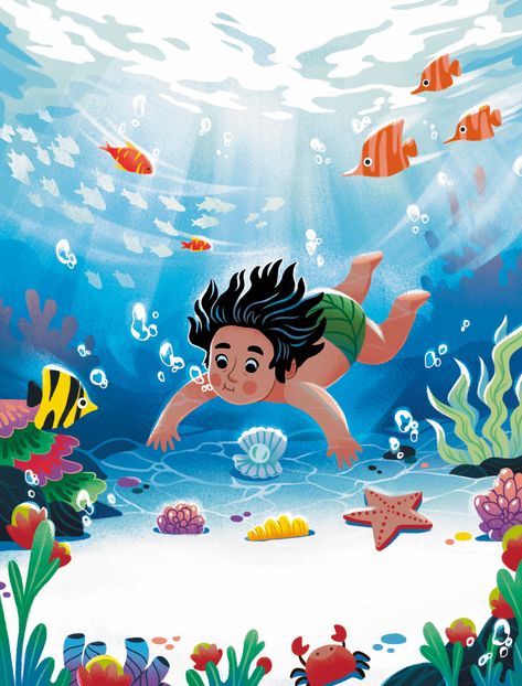 Summer Holiday Illustration, Underwater Art Illustration, Undersea Illustration, Sea Illustration Art, Under The Ocean Illustration, Fish Character, Under The Sea Illustration Underwater, Ocean Illustration, Childern Illustrator Books