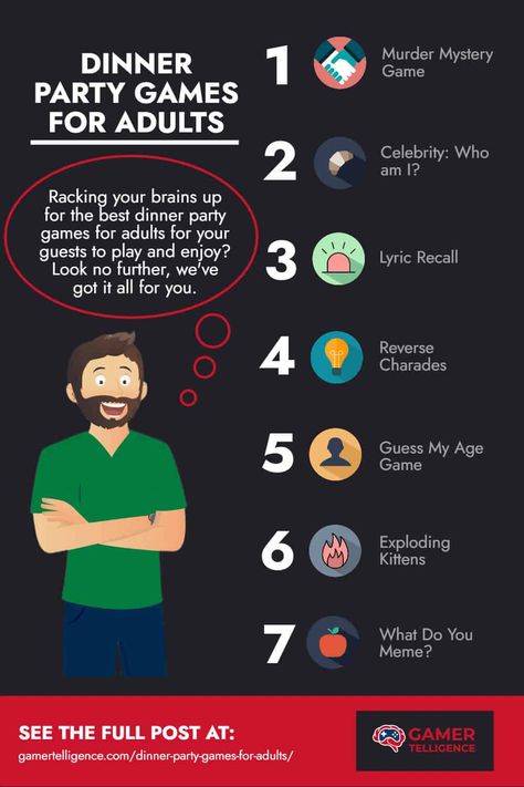 Infographics - Dinner Party games for adults Dinner Party Ideas For Adults, Dinner Party Games For Adults, Dinner Party Activities, Dinner Table Games, Friend Game Night, Family Games To Play, Party Games For Adults, Friends Dinner, Dinner Party Games