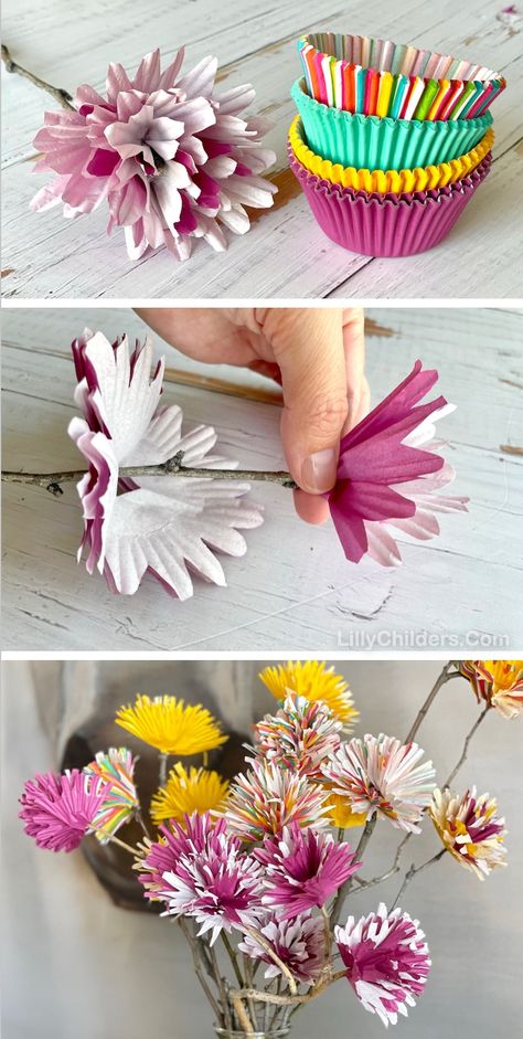 Cupcake Liner Flowers (Fun & Easy Craft Idea) Cupcake Liner Flowers, Paper Flowers Diy Easy, Diy Fleur, Make Paper Flowers, Paper Flowers Craft, Diy Crafts Paper Flowers, Tissue Paper Flowers, Make Paper, Fun Easy Crafts