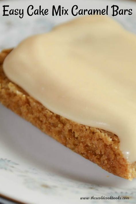 Caramel Bars Recipe, Cake Mix Bars, Cream Of Pumpkin Soup, Cake Mix Desserts, Perfect Bar, Quick Dessert, Caramel Bars, Caramel Frosting, Dessert Bar Recipe