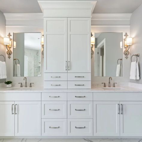 Double Vanity With Linen Cabinet, Double Bathroom Vanity Ideas, Master Bath Vanity Ideas Double Sinks, Bathroom Double Vanity Ideas, Double Sink Bathroom Ideas, 72 Inch Bathroom Vanity, Master Bath Ideas, Bathroom Cabinets Designs, Master Bath Vanity