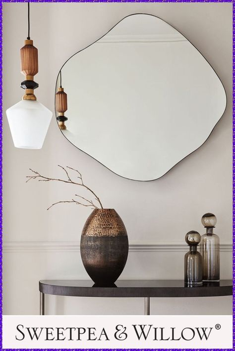 Mirror Wall Decor Living Room Modern, Wall Mirror Decor Living Room, Blob Mirrors, Console Mirror, Mirror Decor Living Room, Room Mirrors, Contemporary Home Interior, Curved Mirror, Living Wall Decor