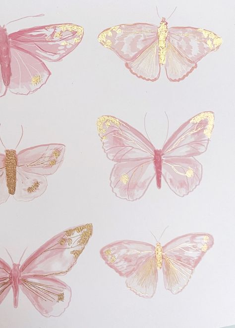 Pink And Gold Wall Art, Butterfly For Print, Pink Butterfly Drawing, Gold And Pink Aesthetic, Pink Butterfly Printable, Pink Butterfly Painting, Doe Aesthetic, Pink And Gold Aesthetic, Pink And Gold Painting