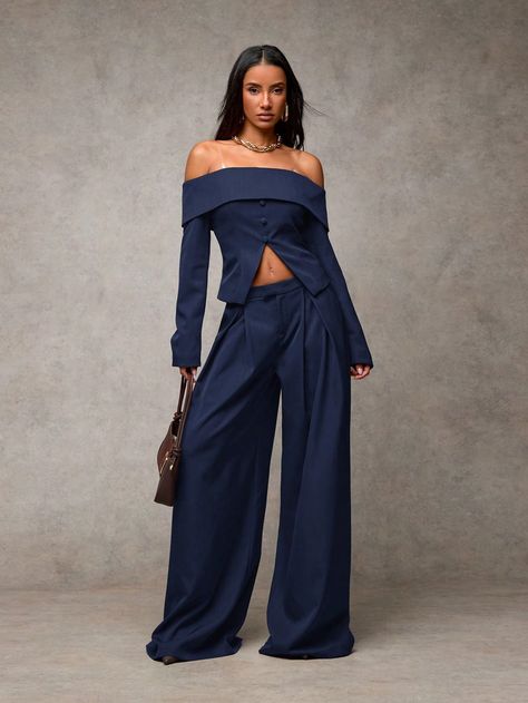 Women's Casual Solid Color Low-Waist Wide Leg Pants Navy Blue Elegant   Woven Fabric Plain Wide Leg Non-Stretch  Women Clothing, size features are:Bust: ,Length: ,Sleeve Length: Pantalon Large, Women's Casual, Leg Pants, Wide Leg Pants, Woven Fabric, Women Clothing, Wide Leg, Navy Blue, Solid Color