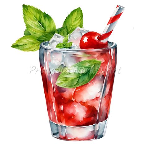 Cherry Mojito, Cocktails Clipart, Cocktail Images, Cocktails Vector, Red Drinks, Cocktail Illustration, Diy Cocktails, Mojito Cocktail, Party Clipart