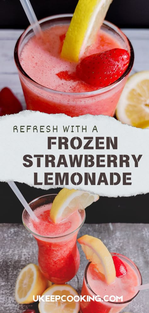 Refresh with a Frozen Strawberry Lemonade! 🍓🍋 This cooling treat blends tart lemonade with sweet, frozen strawberries for the ultimate summer drink. Perfectly chilled and bursting with flavor, it’s your go-to recipe for a quick and easy thirst-quencher. Frozen Summer Cocktails, Frozen Strawberry Lemonade Recipe, Frozen Strawberry Lemonade, Cold Drinks Recipes, Lemonade Smoothie, Strawberry Lemonade Recipe, Frozen Drink Recipes, Frozen Strawberry, Drink Recipes Nonalcoholic