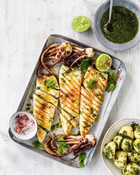 BBQ Squid Tubes with Salsa Verde Recipe | myfoodbook Bbq Squid, Coriander Chicken, Creamy Pasta Bake, Bbq Seafood, Squid Recipes, Salsa Verde Recipe, Verde Recipe, Meat Recipes For Dinner, Easy Seafood