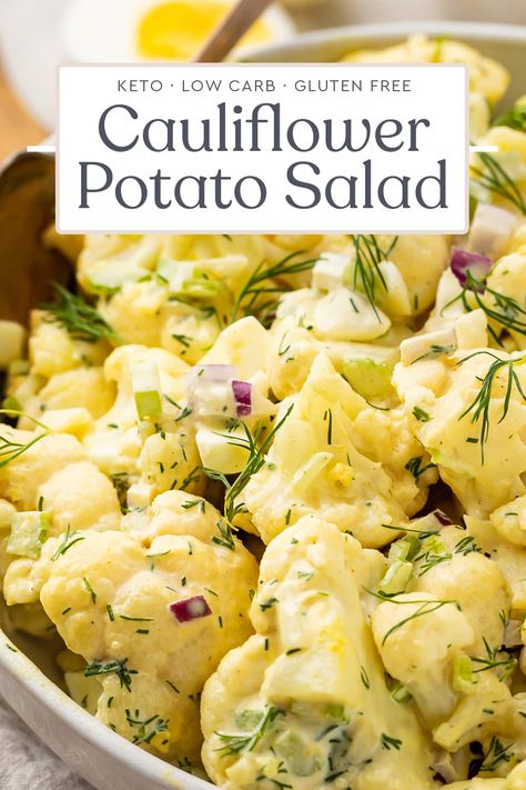 This cauliflower potato salad is a low carb and keto twist on classic potato salad. With tons of flavor, cauliflower steps in for potatoes in this delicious side dish, making it perfect for potlucks, BBQs, or anytime you need a creamy, refreshing side! Bright but creamy, we took our very favorite potato salad and simply canceled the carbs! Low Carb Grilling Sides, Low Carb Cauliflower Potato Salad, Keto Bbq Salad, Keto Cauliflower Salad Recipes, Low Carb Side Dish Recipes, Keto Potato Salad, Cauliflower Potato Salad, Cauliflower Salad Recipe, Potatoes Salad