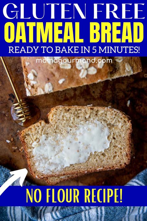 a slice of oat flour bread face up with butter spread on it Gluten Free Oat Flour Bread, Oat Flour Bread Recipe, Oat Flour Bread, Gluten Free Oat Bread, Flourless Bread, Oatmeal Bread Recipe, Oat Bread Recipe, Oat Flour Recipes, Homemade Gluten Free Bread