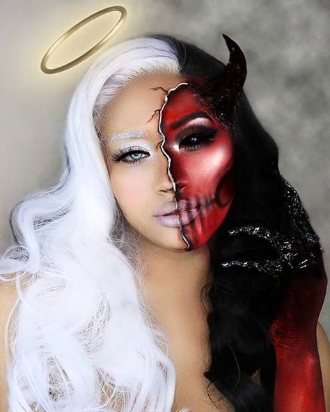 Angel Makeup Ideas, Angel Halloween Makeup, Makeup Ideas For Halloween, 천사와 악마, Demon Makeup, Devil Makeup, Halloweenský Makeup, Holloween Makeup, Angel Makeup