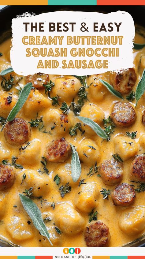 This Creamy Butternut Squash Gnocchi and Sausage is comfort in a bowl! Creamy, savory, and packed with flavor, it's perfect for a quick, hearty dinner. Try it tonight and see how easy it is to make! Save this recipe for a cozy night in. Pan-seared Gnocchi With Parmesan-roasted Summer Squash And Herbs, Butternut Squash Gnocchi Sausage, Gnocchi Butternut Squash Soup, Gnocchi With Butternut Squash, Gnocchi And Butternut Squash Recipes, Sausage Butternut Squash Recipes, Fall Gnocchi Recipes, Butternut Squash Gnocchi Recipes, Squash Gnocchi Recipes