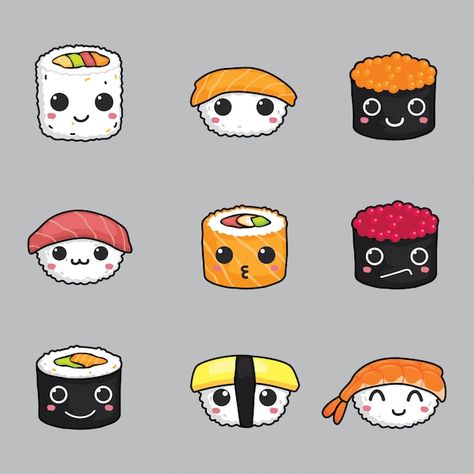 Set of cute sushi face vector | Premium Vector #Freepik #vector #sushi #sushi-icon #sushi-cartoon #sushi-set Foto Cute, Sushi Cartoon, Cute Sushi, Kids Workshop, Sushi Art, Face Painting Easy, Kids C, Pixel Art Grid, Cute Patterns Wallpaper