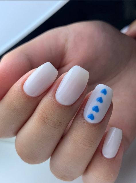 Nails Ideas Blue, Valentines Day Nails Ideas, Valentines Day Nails, Valentine Nails, October Nails, Blue Hearts, Valentines Nails, Blue Heart, Blue Design