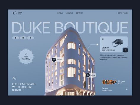 A sleek and minimal web design for Duke Boutique. Soft color tones and fluid typography highlight the hotel’s modern architecture. Interactive features like the 3D apartment tour 🎥 and service icons (parking 🚗, sea view 🌊) enhance both aesthetics and functionality. This design is crafted to offer a premium user experience, blending comfort and ease of navigation. #uidesign #uxui #uxdesign #web #websitedesign #userinterface #digitaldesign #usa #ideas #pinterest #dribbble #hotelwebsitedesign 3d Apartment Tour, Web Designer Aesthetic, Fluid Typography, 3d Apartment, 3d Website, Website Navigation, Hotel Website Design, Hotel Booking Website, Interactive Web Design