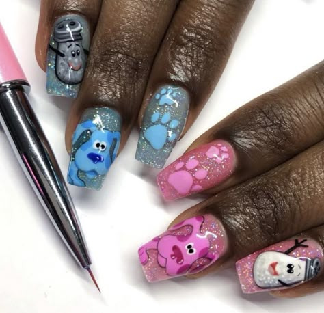 Short Nails Cartoon Design, Disney Nails Simple, Exotic Nail Designs, Gender Reveal Nails, Cartoon Nail Designs, Rounded Acrylic Nails, Nail Designs Bling, Character Nails, Monster Nails