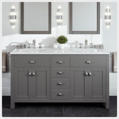 PRICES MAY VARY. BEAUTIFY YOUR BATHROOM WITH MODERNITY- Turn any outdated washroom into a contemporary oasis with this bathroom vanity and sink combo. Updated, transitional-styled 60” double vanity cabinet is enhanced with clean lines and contemporary detailing, featuring a beautiful quartz surface top, 2 undermount porcelain sinks, brushed chrome hardware, storage drawers/cabinets with a unique tip out tray, and elevated feet. 60” bathroom vanity is the ideal bathroom upgrade for any modern hom Bathroom Vanity Hardware Drawer Pulls Cabinet Handles, Simple Double Vanity Bathroom, 60 Inch Vanity One Sink, Small Double Vanity Bathroom, Modern Bathroom Vanity Ideas, 60 Inch Vanity Double Sink, Gray Modern Bathroom, Bathroom Vanity And Sink, Modern Double Sink Bathroom Vanity