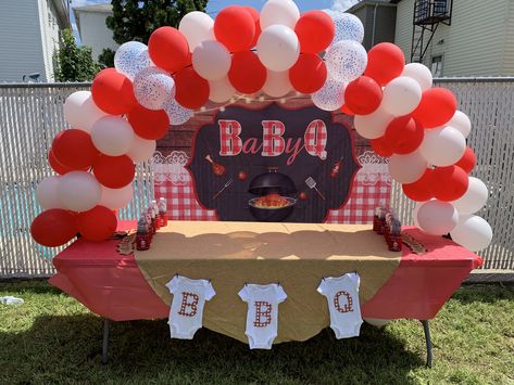 Bbq Gender Reveal Party Decorations, Gender Reveal Ideas Bbq, Barbecue Gender Reveal Party, Babyq Shower Ideas, Baby Q Theme Baby Shower Ideas, Baby Q Balloon Arch, Babyque Gender Reveal Ideas, Bbq Balloon Arch, Baby Q Gender Reveal Ideas