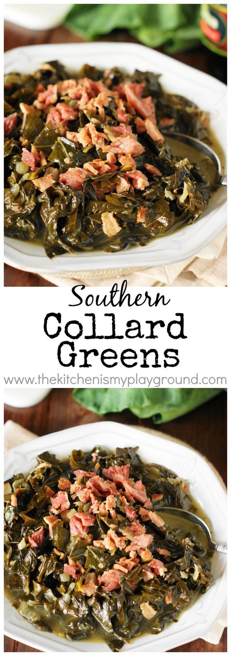 Southern Collard Greens ~ Enjoy tender, tasty collards for New Year's Day or ANY day of the year!   www.thekitchenismyplayground.com Collard Greens Recipe Soul Food, Greens Recipe Soul Food, Southern Collard Greens, Collard Greens Recipe, Southern Recipes Soul Food, Comfort Food Southern, Recipe Board, Southern Cooking, Collard Greens