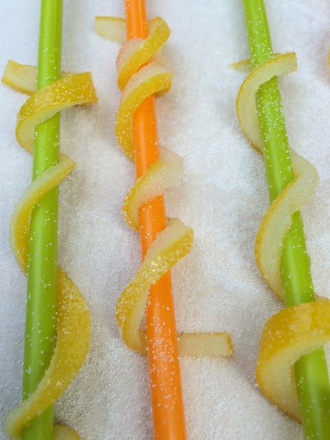 Jac o' lyn Murphy: Candied Meyer Lemon Twists Sugared Lemon Peel, Carrot Cake Decoration, Candied Lemon Slices, Candied Lemon Peel, Meyer Lemon Tree, Lemon Twist, Candied Lemons, Lemon Dessert Recipes, Cake Decorating Piping