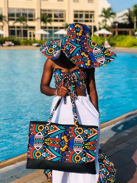 African Print Beach Wear, African Fabric Accessories, African Bag, African Accessories, African Print Dress Designs, African Inspired Clothing, Afrikaanse Mode, African Fashion Traditional, Swimsuit Material