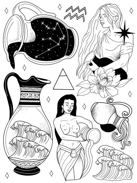 Astrology Aquarius Tattoo, The Water Bearer Tattoo, Aquarius Water Jug Tattoo, Tattoos For Shy People, Aquarius Water Bearer Art, Traditional Aquarius Tattoo, Humanitarian Tattoo, Water Bearer Drawing, Water Bearer Art