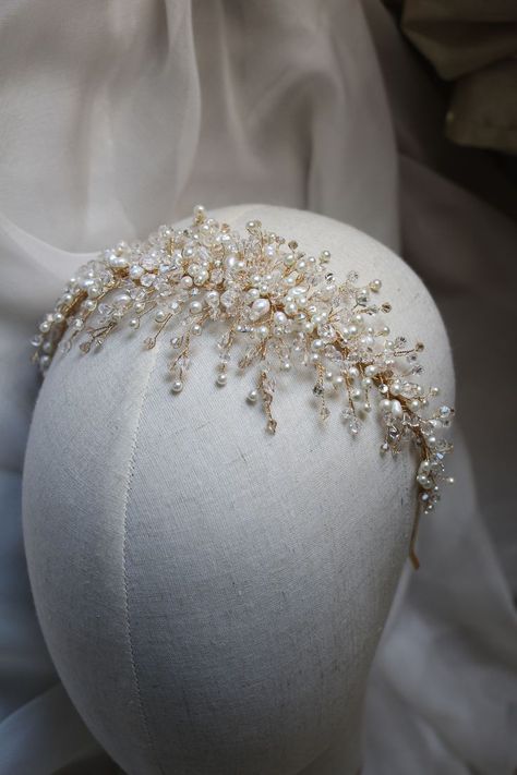 Pearl Wedding Crown Headpieces, Pearl Bridal Headband With Veil, Pearl Bridal Crown, Gold Wedding Headband, Wedding Hair Crown, Pearl Headpiece Wedding, Gold Bridal Crowns, Hair Tiara, Headpiece Wedding Hair