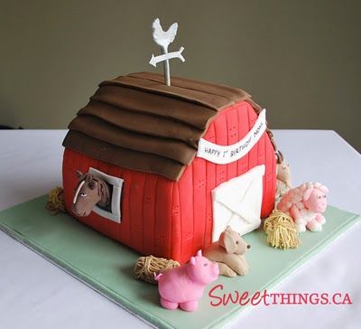 barn cake Barnyard Cake, Barn Cake, Farm Animal Cupcakes, Farm Animal Cakes, Farm Cake, Barnyard Party, Animal Cupcakes, Barnyard Birthday, House Cake