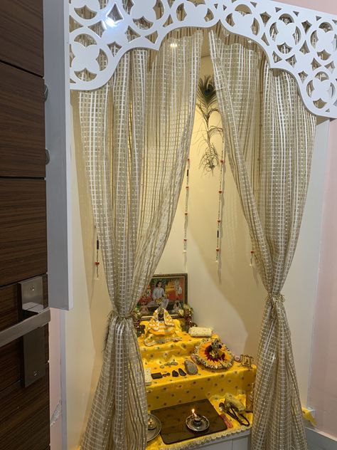 Home Temple Curtain Design, Mandir With Curtain Design, Temple Curtain Ideas, Curtains For Temple At Home, Pooja Room Curtain Ideas, Mandir Curtain Designs, Temple Curtain Design, Mandir Curtain Ideas, Krishna Accessories