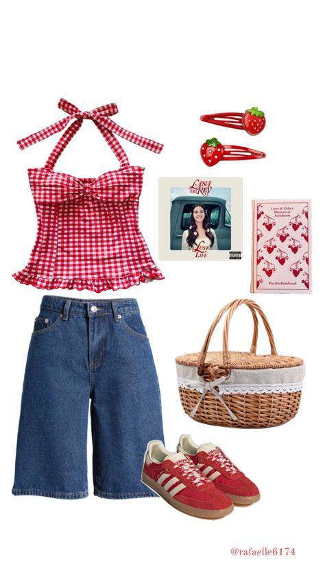 #fashion #outfit #strawberry #strawberrygirl #gingham #red #jorts #samba #lanadelrey Strawberry Clothing, Strawberry Shortcake Outfits, Strawberry Outfit, Gingham Outfit, Sewing Patterns Free Women, Strawberry Girl, 90s Inspired Outfits, Space Outfit, 70s Outfits