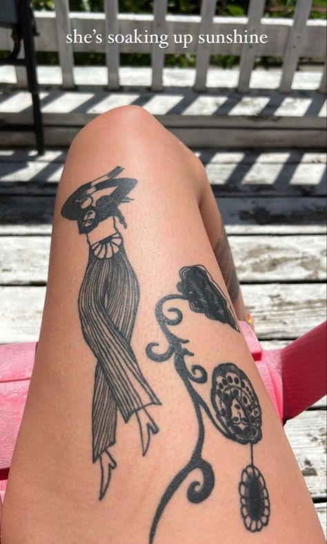 Thigh Tattoos Women Aesthetic, Millennial Tattoos, American Traditional Small Tattoo, Large Leg Tattoos For Women, Behind Knee Tattoo, Feminine Leg Sleeve Tattoo, Gap Tattoo, Whole Leg Tattoo, Chest Tattoo Cover Up