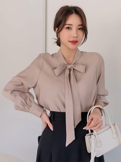 DAZY Tie Neck Button Front Blouse | SHEIN USA Tie Blouse Outfit, Neck Tie Blouse, Blouse Tops Designs, Korean Shirt, Korean Blouse, Trendy Blouses, Fashionable Outfits, Plain Shirt, Stylish Blouse