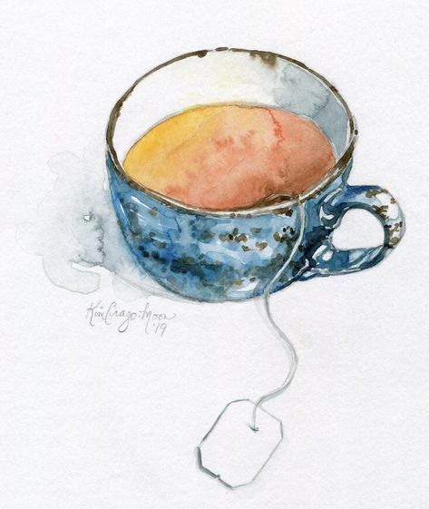 Watercolor Teacup, Tea Cup Drawing, Blue Teacup, Kitchen Illustration, Coffee Watercolor, Art In Motion, Cottage Kitchen Design, Small Cottage Kitchen, Artwork Watercolor