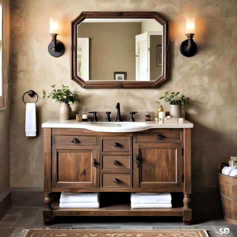 25 Brown Bathroom Ideas for Natural Beauty Lodge Powder Room, Dark Brown Bathroom, Brown Bathroom Ideas, Brown Towel, Brown Bathroom Decor, Bronze Fixtures, Tiles For Bathroom, Brown Cabinets, Brown Bathroom