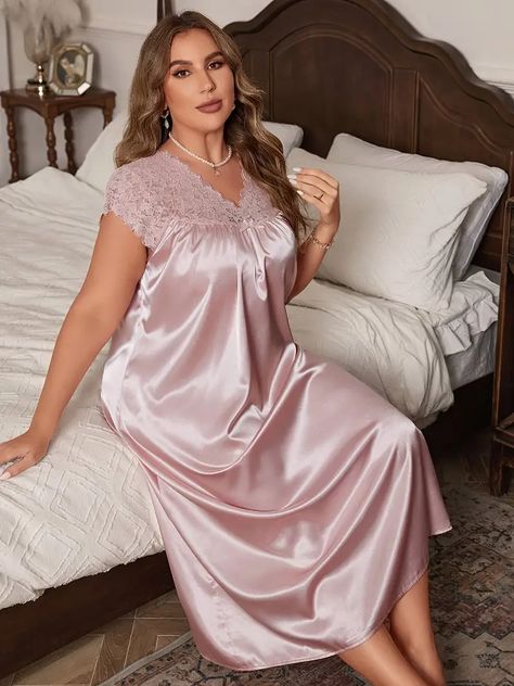 Size Lace trimmed Bowknot Nightgown Women V - Temu Night Gown Designs For Women, Nighties For Women Wedding Night, Night Gown Aesthetic, Sleepwear Women Nightwear, Sparkle Dresses, Homewear Dress, Gown Aesthetic, Short Night Dress, Night Wear Dress