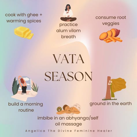 For a complete guide to Vata Season, sign up for my newsletter at angelicaroseneri.com.  X Angelica Rose The Divine Feminine Healer Season Sweet Potatoes, Vata Dosha Diet, Vata Season, Supta Baddha Konasana, Ayurveda Vata Dosha, Plow Pose, Cooking With Ghee, Nostril Breathing, Baddha Konasana