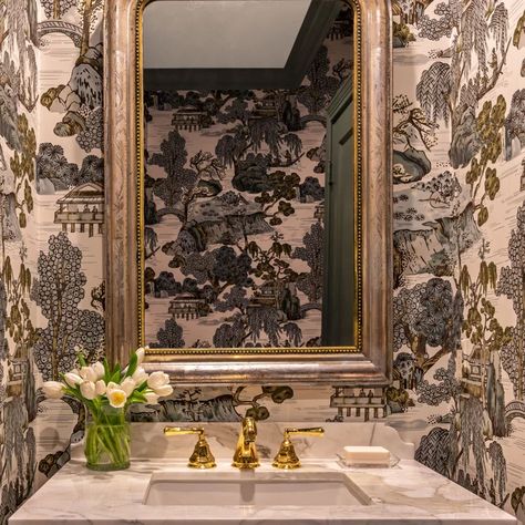 Brown Powder Room Wallpaper, Glam Powder Room Wallpaper, Swanky Powder Room, Statement Powder Room Wallpaper, Glamorous Powder Room Ideas, Small Wallpapered Bathroom, Vintage Wallpaper Powder Room, Sophisticated Powder Room, Fun Powder Bathroom