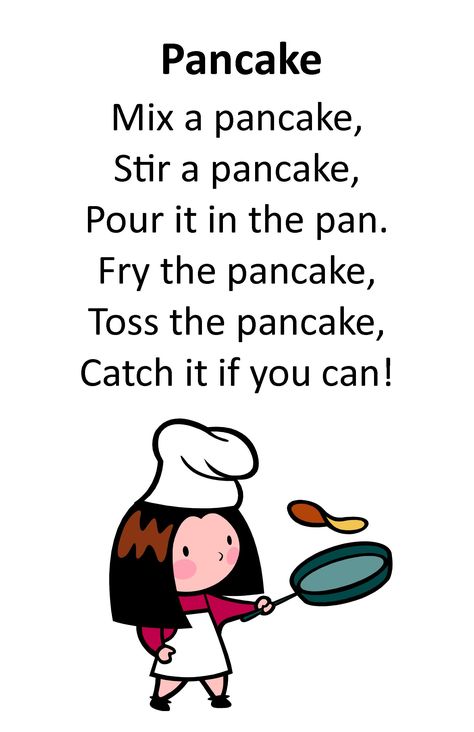 8.) I love this! I think it would be great to be able to bring a frying pan or two into class and let each student play out this poem. It would teach them how to make pancakes AND they would being learning/memorizing poetry. Rhyming Poems For Kids, Preschool Poems, English Poems For Kids, Nursery Rhymes Poems, Rhymes Lyrics, Nursery Rhymes Lyrics, English Rhymes, Rhyming Poems, Kindergarten Songs