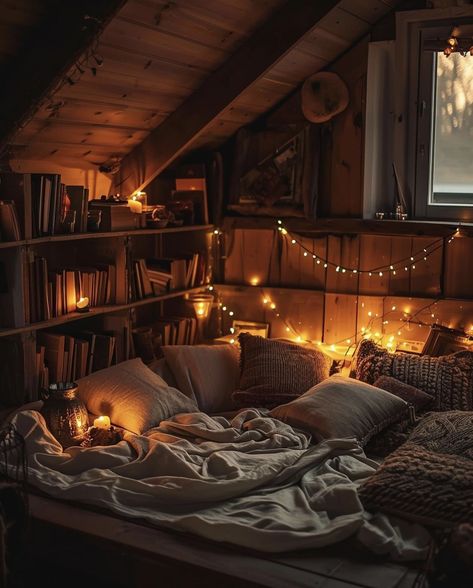 Library Bedroom Aesthetic, Woodsy Room, Cozy Attic Bedroom, Bedroom Decor For Couples Romantic, Modern Attic, Read Aesthetic, Attic Library, Attic Organization, Cosy Reading Corner