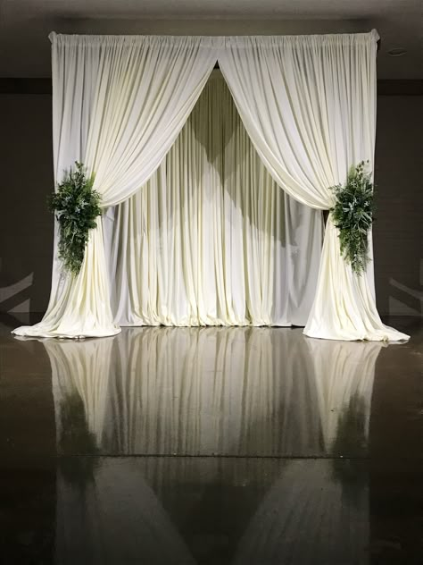 Draping Techniques Decor, Draped Backdrop, Wedding Draping Backdrop, Draping Backdrop, Ceremony Draping, Black Tie Wedding Decor, Sikh Wedding Decor, Greenery Ceremony, Anniversary Backdrop