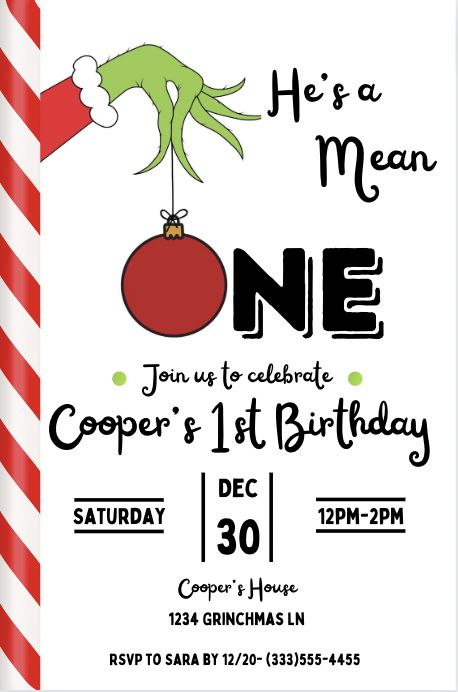 Celebrate your little ones birthday with this perfect invitation. Completly editable for you needs. Christmas Baby Birthday, Grinch Birthday, 1st Birthday Boy Themes, Invitation First Birthday, First Birthday Boy, Grinch Christmas Party, Boys First Birthday Party Ideas, Boys 1st Birthday Party Ideas, Boy Birthday Party Themes