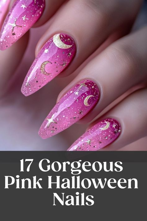 Get into the Halloween spirit with these stunning pink acrylic nails perfect for the spooky season! Embrace a unique twist on traditional Halloween colors by opting for a lovely shade of pink. Whether you're going for cute or creepy, these pink nails will be sure to make a statement. Perfect for adding a pop of color to your Halloween ensemble, these nails are versatile and stylish. Show off your festive spirit with these striking pink halloween nails that are anything but ordinary! Spooky Nails Glitter, Purple Pink Halloween Nails, Tasteful Halloween Nails, Halloween Sparkly Nails, Spooky Season Nails Pink, Pink Halloween Nail Ideas, Fall Nails With Pink, Pink Halloween Nail Designs Short, Crescent Moon Nail Design