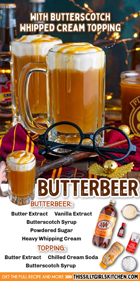 Easy Butterbeer Recipe, Homemade Butterbeer, Butter Beer Recipe Harry Potter, Butterscotch Syrup, Harry Potter Parties Food, Whipped Cream Topping, Butterbeer Recipe, Make Butter, Butter Extract