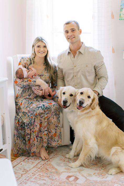 Charlotte Newborn Session for Baby Girl with Two Dogs at Home Newborn Family Photos At Home With Dog, Newborn Pics With Dogs, Newborn Baby Photography With Dog, Dogs At Home, Hygge Design, Editorial Branding, Newborn Family Photos, Photos With Dog, Baby Pic