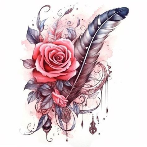 Rose Feather Tattoo Design digital download (JPG format) Flower And Feather Tattoo Half Sleeves, Beautiful Tattoo Ideas For Women, Feather And Rose Tattoo Ideas, Beauty And The Best Rose Tattoo, Rose Feather Tattoo, Rose And Feather Tattoo, Boujee Tattoos For Women, Unique Rose Tattoo, Rose Tattoo Cover Up